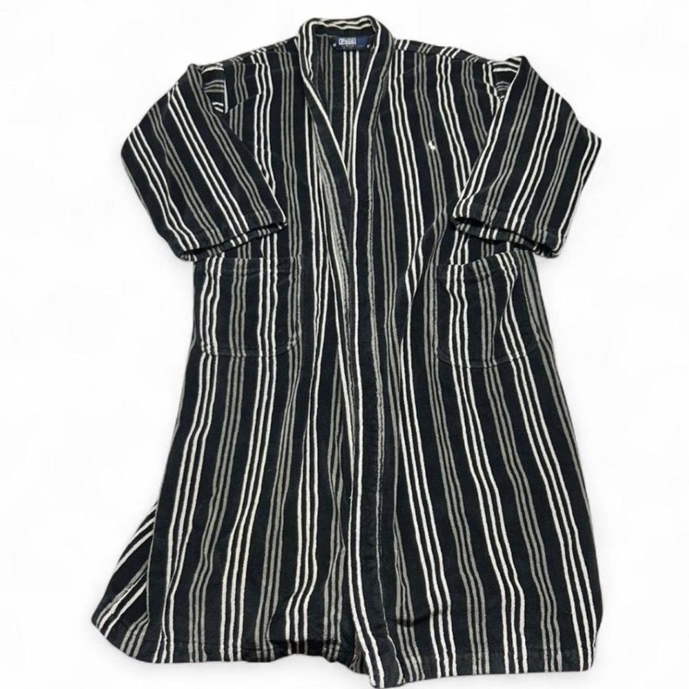 Polo Ralph Lauren Mens Striped Bathrobe Black Grey White Terry Cloth One Size